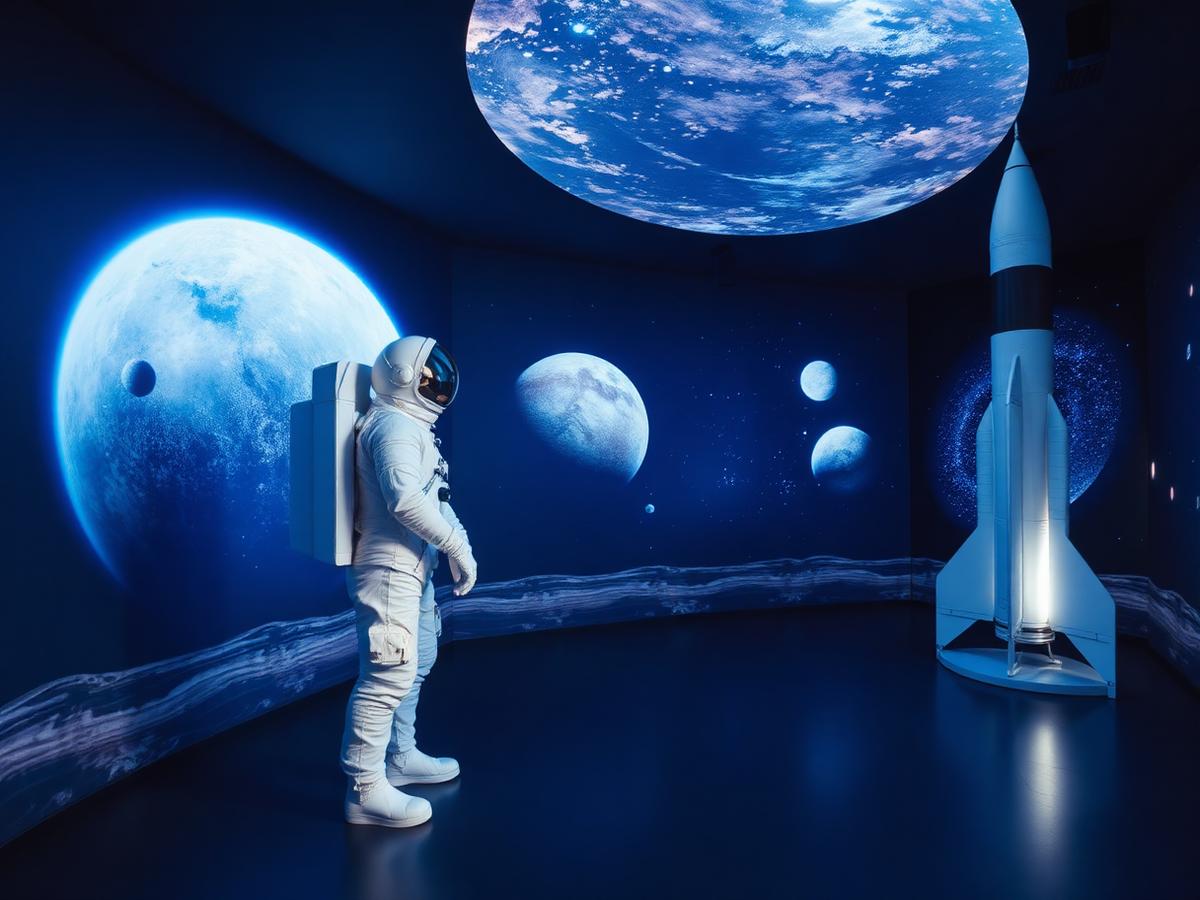Exposição espacial com astronauta, foguete e planetas